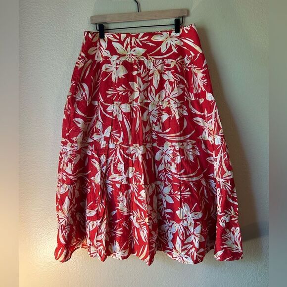 Jones New York Maxi Red Floral Boho Tropical Cotton Skirt w/ Side Zip - Size 10 - Picture 1 of 8